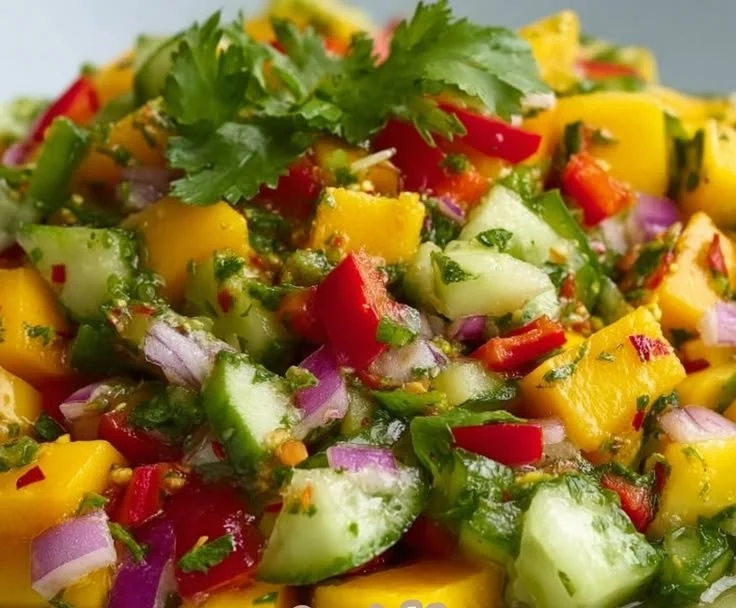 Fresh and colorful mango salad with vegetables and dressing
