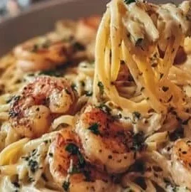 Delicious Marry Me Shrimp Pasta garnished with herbs and served with a side salad.