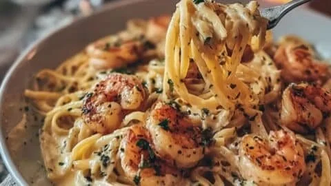 Delicious Marry Me Shrimp Pasta garnished with herbs and served with a side salad.