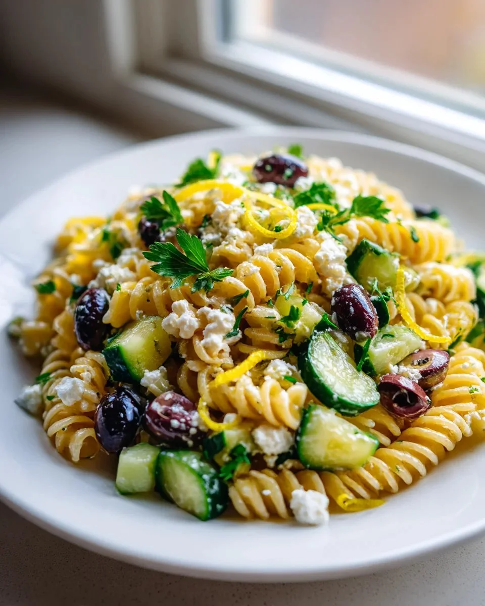 Mediterranean Feta Pasta Salad with fresh vegetables and feta cheese
