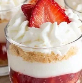 No-bake strawberry cheesecake cups topped with fresh strawberries