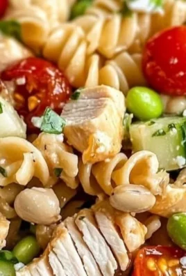 Pasta Chickpea Chicken Salad in a bowl garnished with fresh herbs