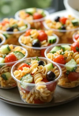Colorful pasta salad cups filled with fresh vegetables and dressing