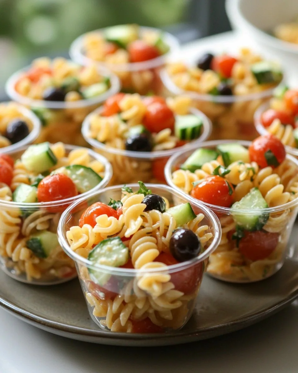 Colorful pasta salad cups filled with fresh vegetables and dressing