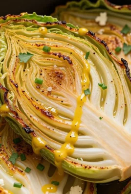 Roasted cabbage steaks drizzled with mustard vinaigrette on a plate