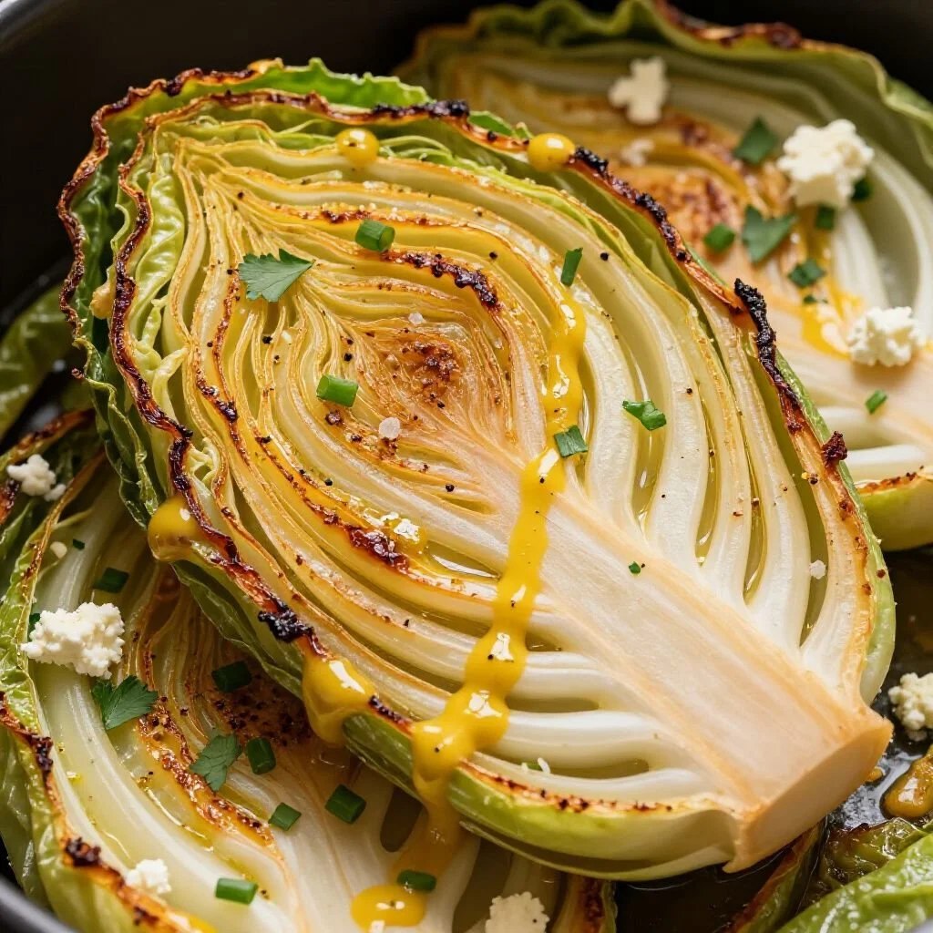 Roasted cabbage steaks drizzled with mustard vinaigrette on a plate