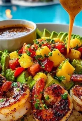 Shrimp avocado bowls with mango salsa and lime-chili sauce
