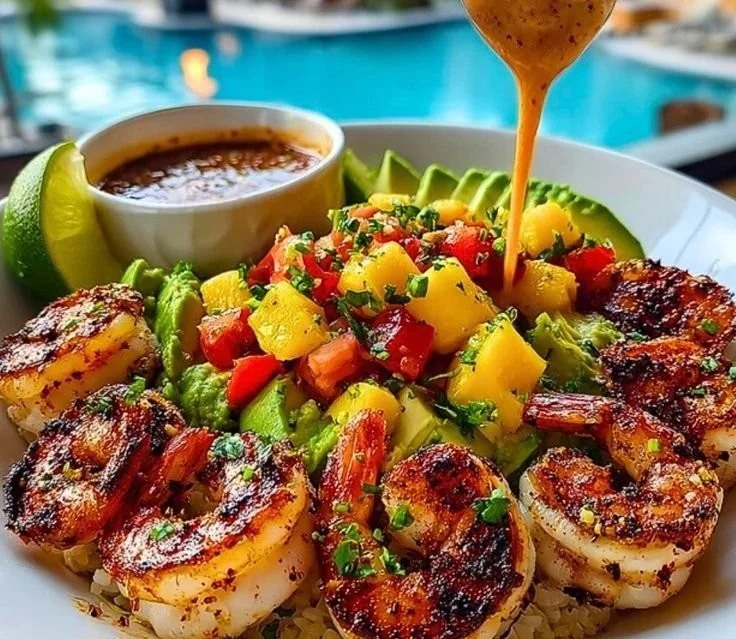 Shrimp avocado bowls with mango salsa and lime-chili sauce