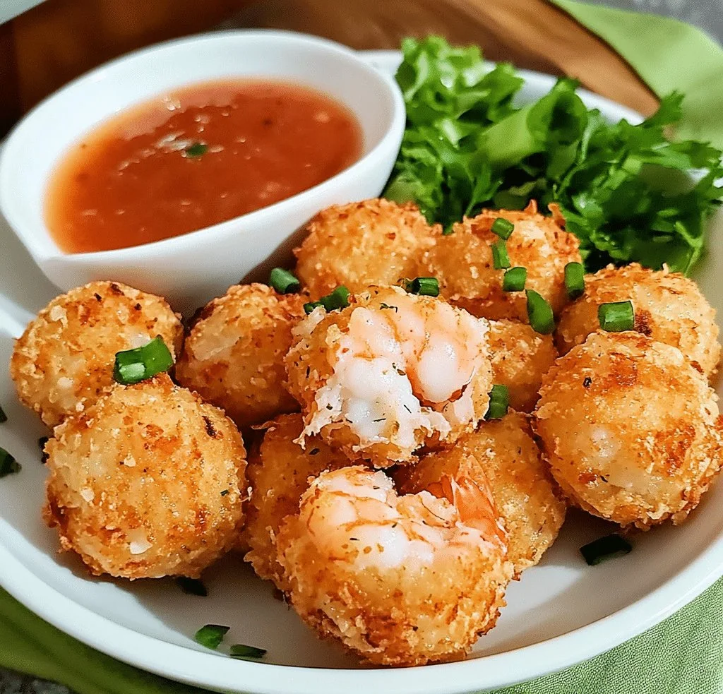 A plate of crispy golden shrimp balls served with dipping sauce.