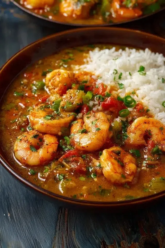 A delicious bowl of shrimp étouffée served with rice and fresh herbs.