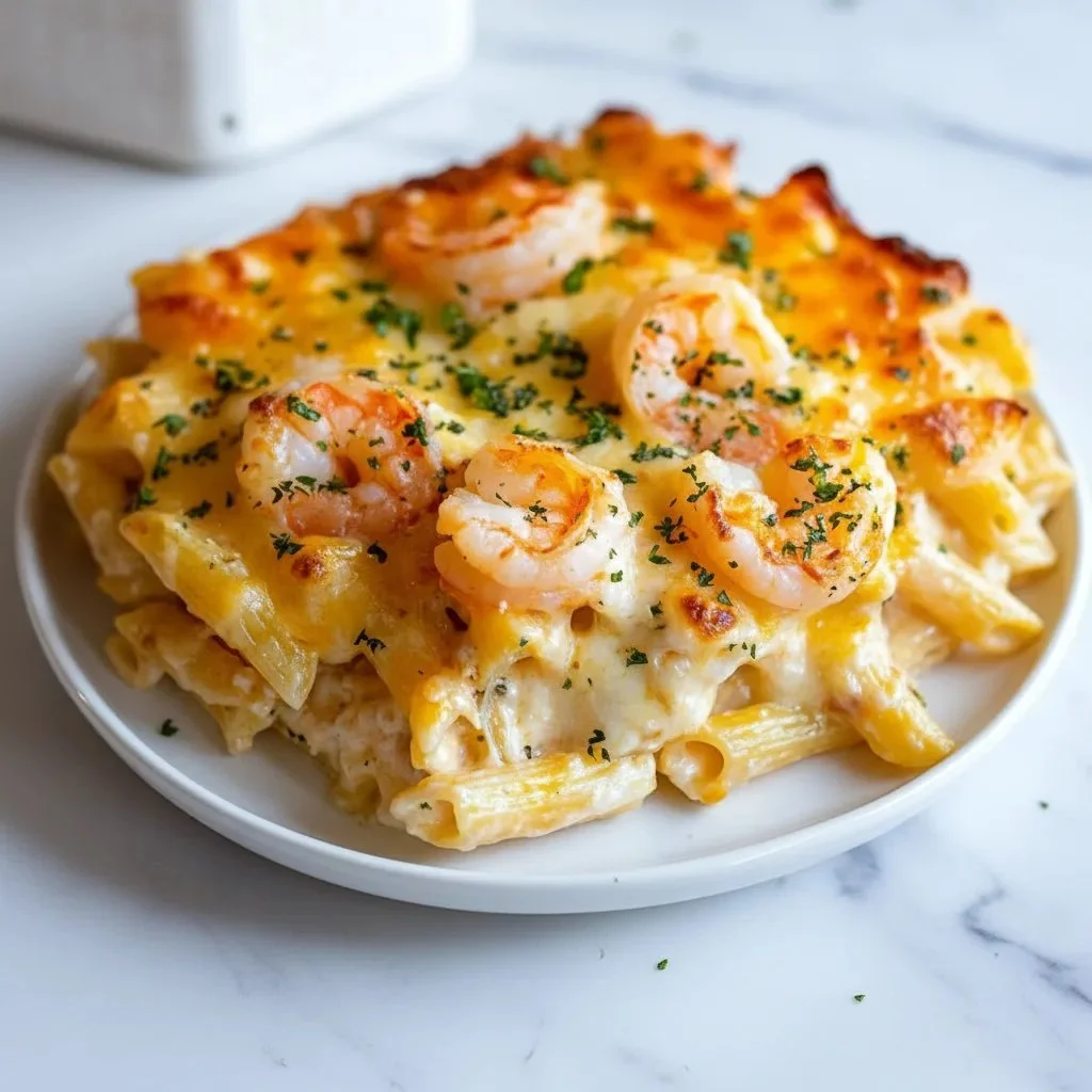 Delicious Shrimp Scampi Pasta Bake topped with cheese and garnished with parsley