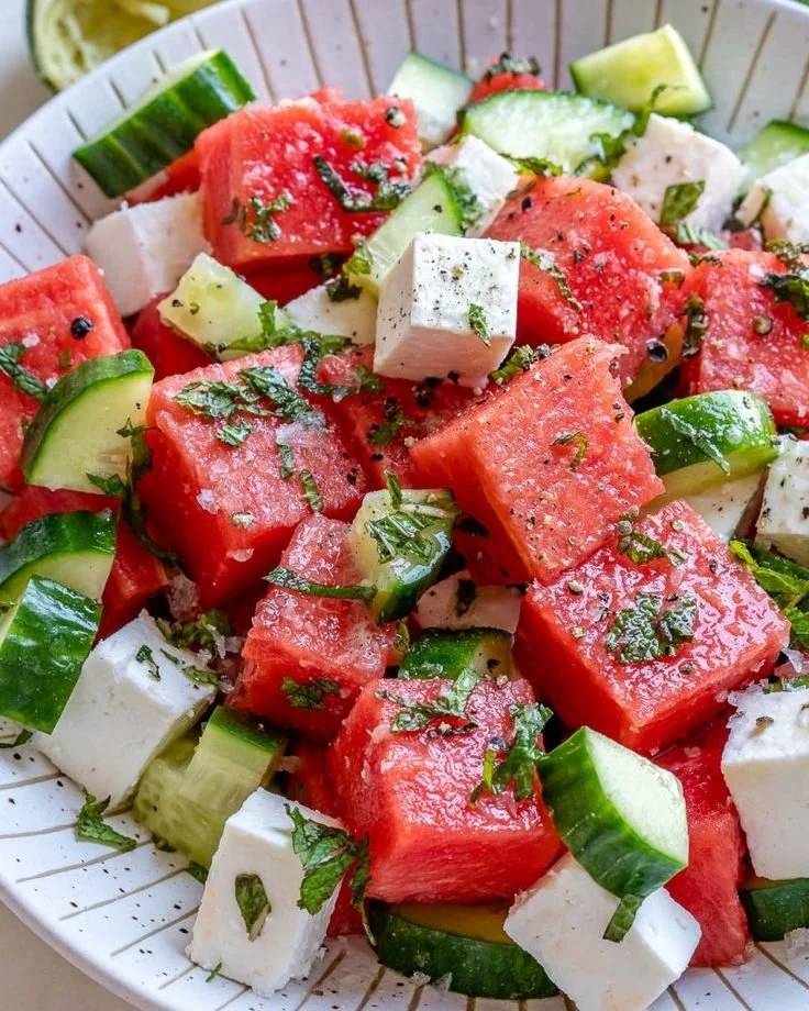 Fresh Watermelon Cucumber Feta Salad in a bowl