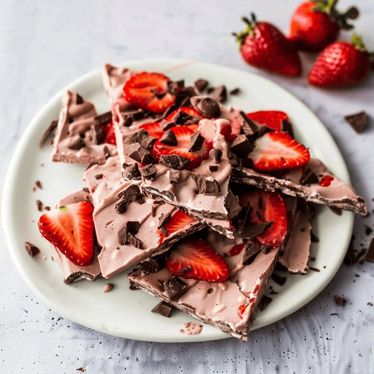 Delicious chocolate strawberry frozen yogurt bark on a marble surface