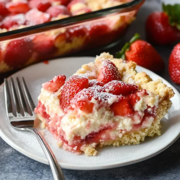 Delicious Strawberry Cheesecake Dump Cake topped with fresh strawberries.