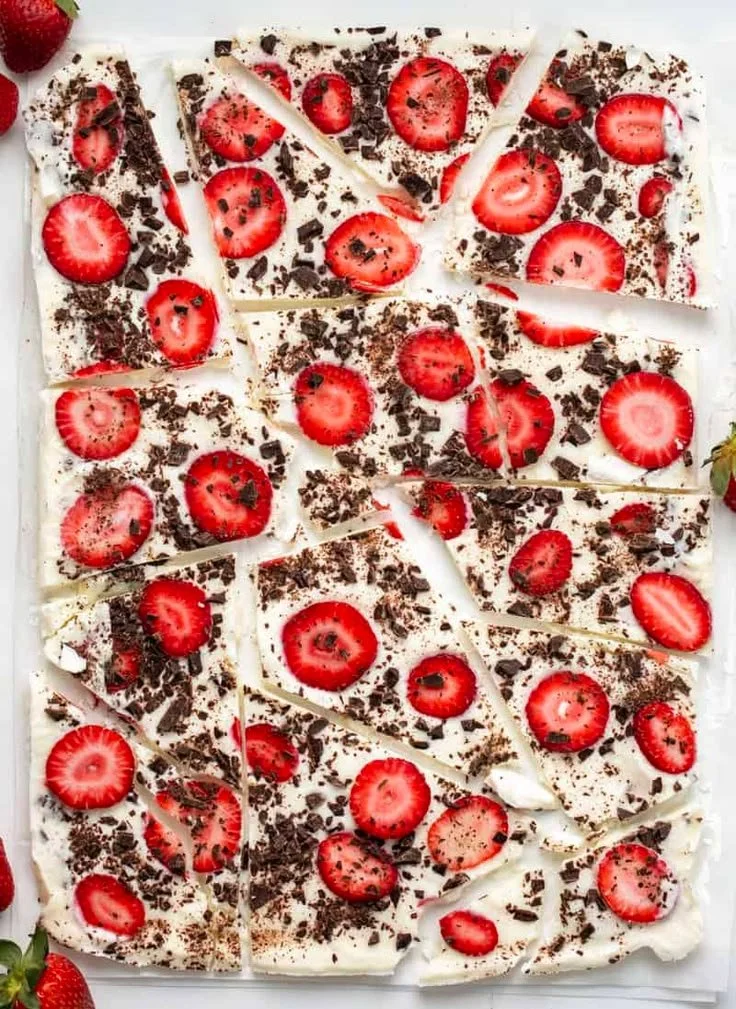 Delicious Strawberry Chocolate Yogurt Bark with fresh strawberries and yogurt