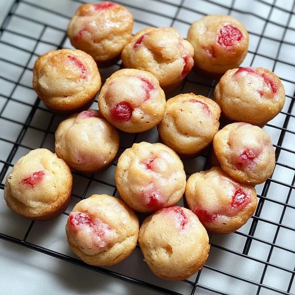 Freshly baked strawberry yogurt mini muffins on a cooling rack