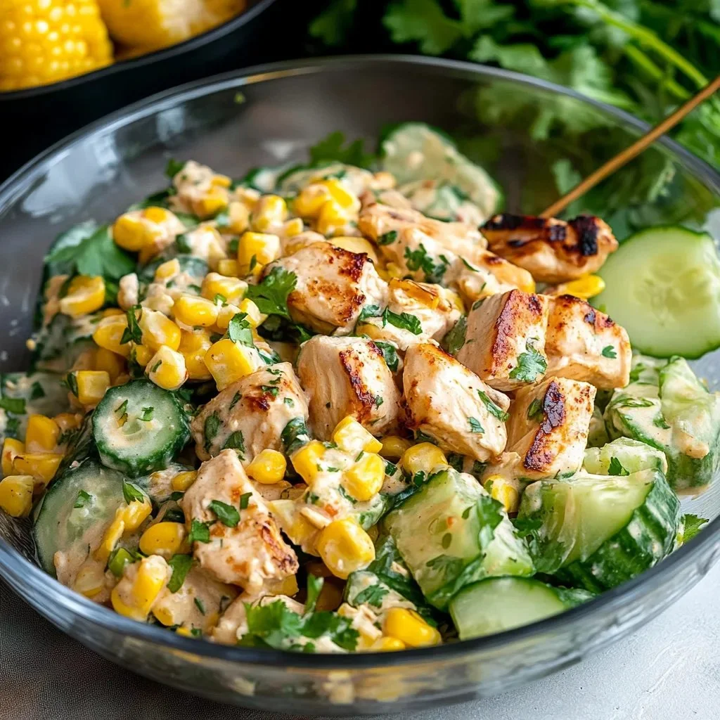 Delicious Street Corn Creamy Cucumber Chicken Salad in a bowl