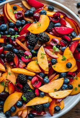Colorful summer fruit salad with lemon maple thyme dressing in a bowl