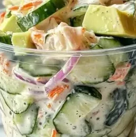 Delicious sushi cucumber salad with a creamy dressing and fresh vegetables
