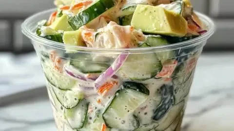 Delicious sushi cucumber salad with a creamy dressing and fresh vegetables