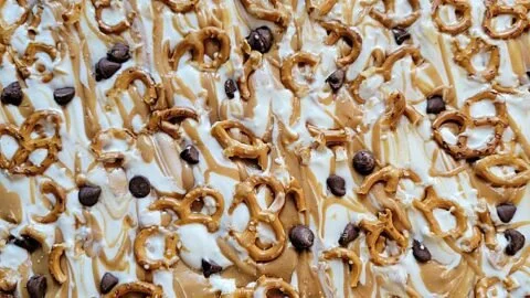 Sweet and salty frozen yogurt bark topped with fruit and nuts