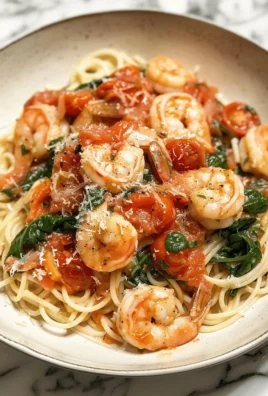 Tomato Spinach Shrimp Pasta with shrimp, spinach, and tomatoes in a bowl