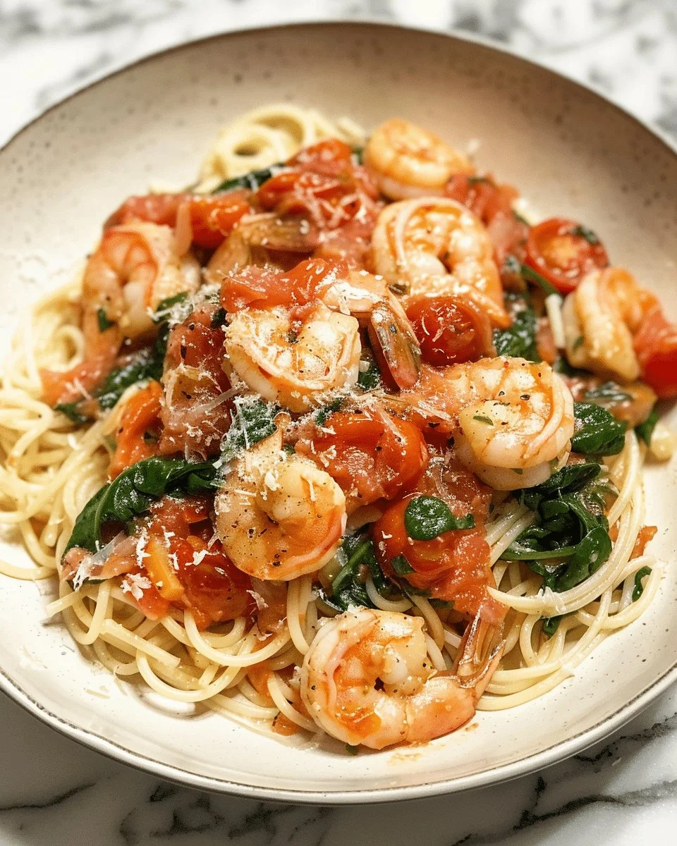Tomato Spinach Shrimp Pasta with shrimp, spinach, and tomatoes in a bowl