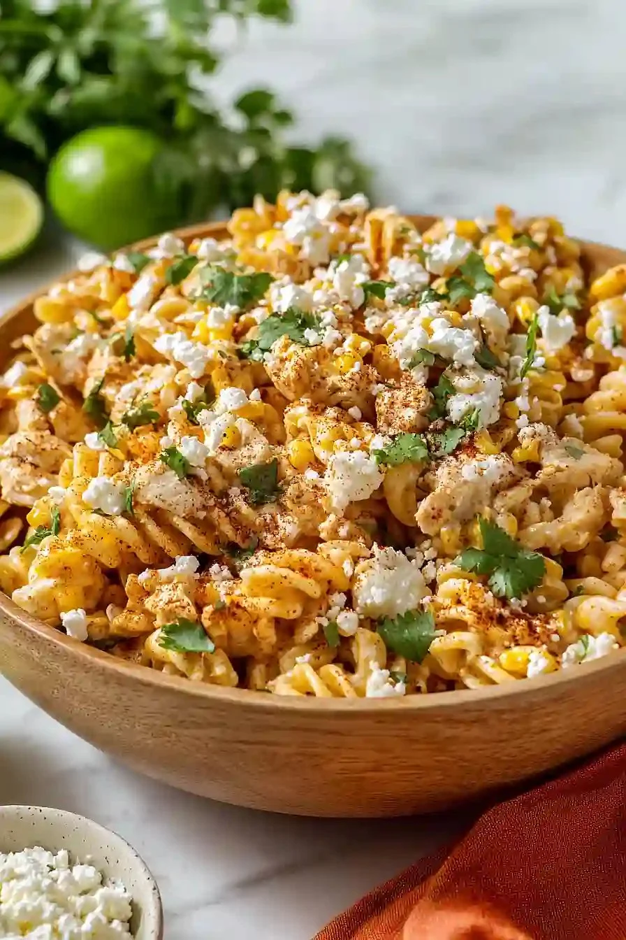 Bowl of Zesty Mexican Street Corn Pasta Salad with chicken and fresh ingredients