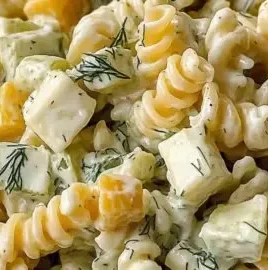 Zesty dill pickle pasta salad in a bowl, perfect for summer gatherings.