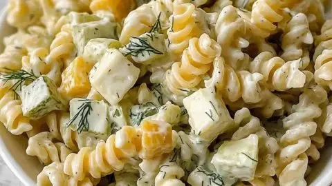 Zesty dill pickle pasta salad in a bowl, perfect for summer gatherings.