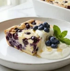 Blueberry Cottage Cheese Breakfast Bake topped with fresh blueberries