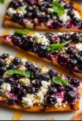 Blueberry feta flatbread drizzled with hot honey, garnished with fresh herbs.