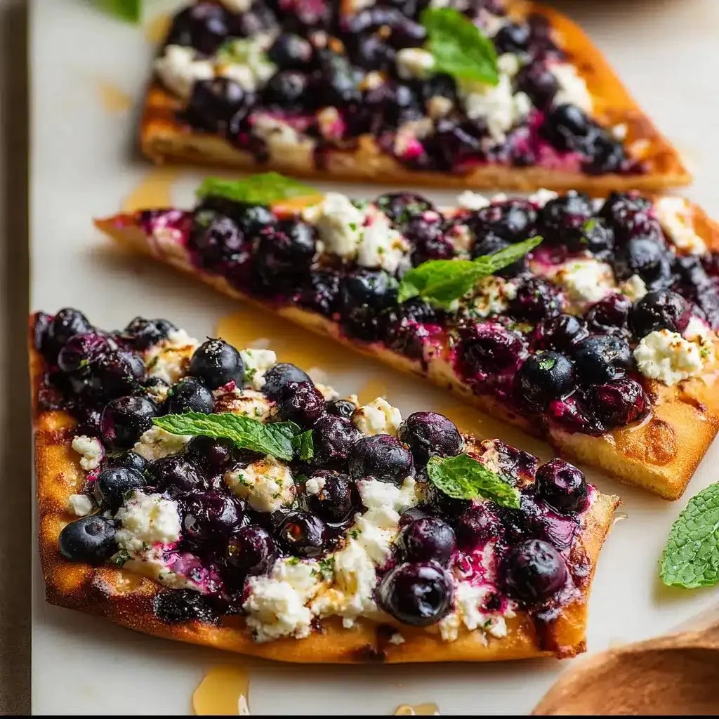 Blueberry feta flatbread drizzled with hot honey, garnished with fresh herbs.