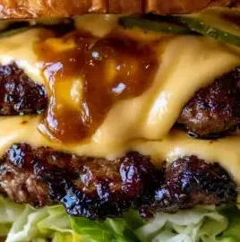 Delicious classic double smash burger with secret sauce on a wooden table