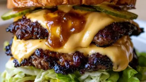 Delicious classic double smash burger with secret sauce on a wooden table