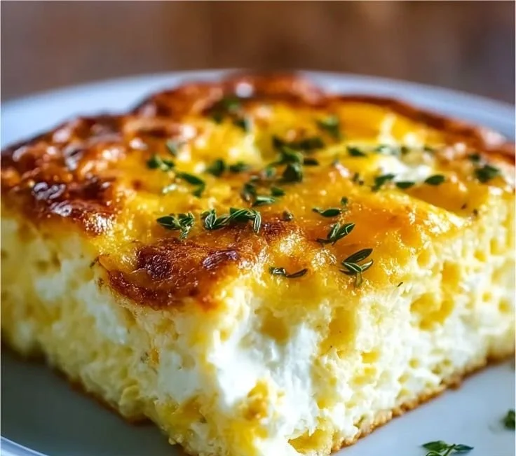 Cottage Cheese Egg Bake Casserole baked in a dish with fresh herbs and colorful vegetables.