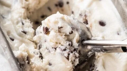 Delicious homemade cottage cheese ice cream in a bowl with fresh fruits