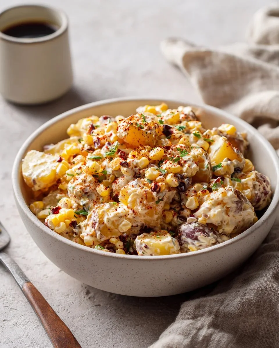 Creamy Mexican Street Corn Potato Salad with vibrant toppings in a bowl
