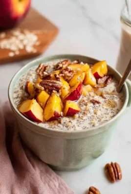 Creamy peach cobbler overnight oats topped with fresh peaches