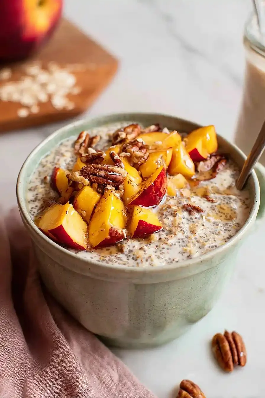Creamy Peach Cobbler Overnight Oats - foodieonadiet