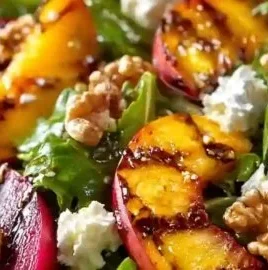 Crisp grilled peach salad with vibrant greens and nuts on a plate