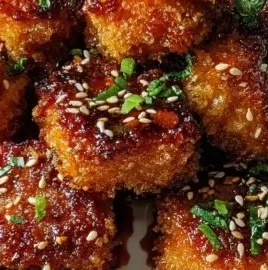 Crispy honey garlic salmon bites served on a plate with garnishes