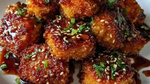 Crispy honey garlic salmon bites served on a plate with garnishes