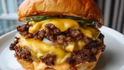 Crispy smash burger with lacy edges and secret sauce on a wooden plate