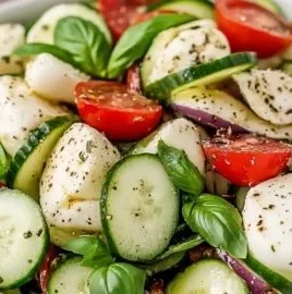 Refreshing Cucumber Caprese Salad with cucumbers, tomatoes, and mozzarella cheese