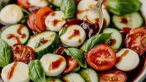 Fresh Cucumber Caprese Salad with tomatoes and mozzarella cheese