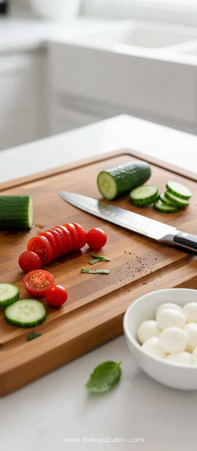 Cucumber Caprese Salad with fresh mozzarella, tomatoes, and basil