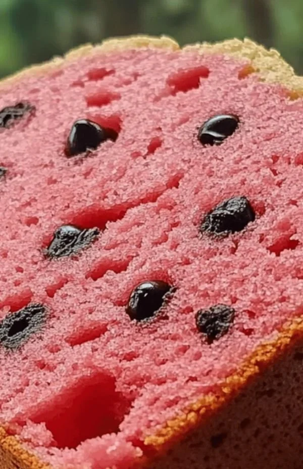 A delicious slice of easy watermelon bread topped with fresh fruit.