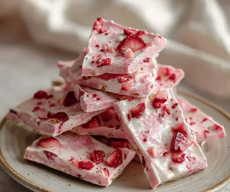 Frozen strawberry yogurt bark topped with fresh strawberries and blueberries
