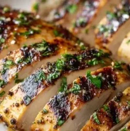 A plate of grilled chicken marinated for juicy and glossy flavor